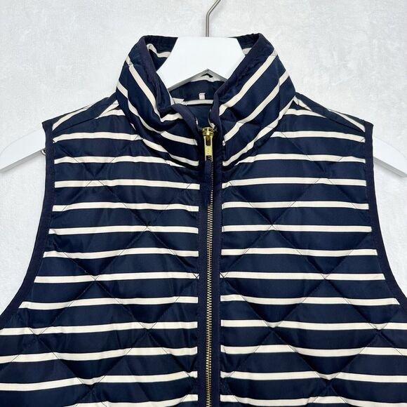 J Crew Excursion Quilted Down Vest Gold Button Navy White Stripe Sporty Preppy S - Picture 4 of 10